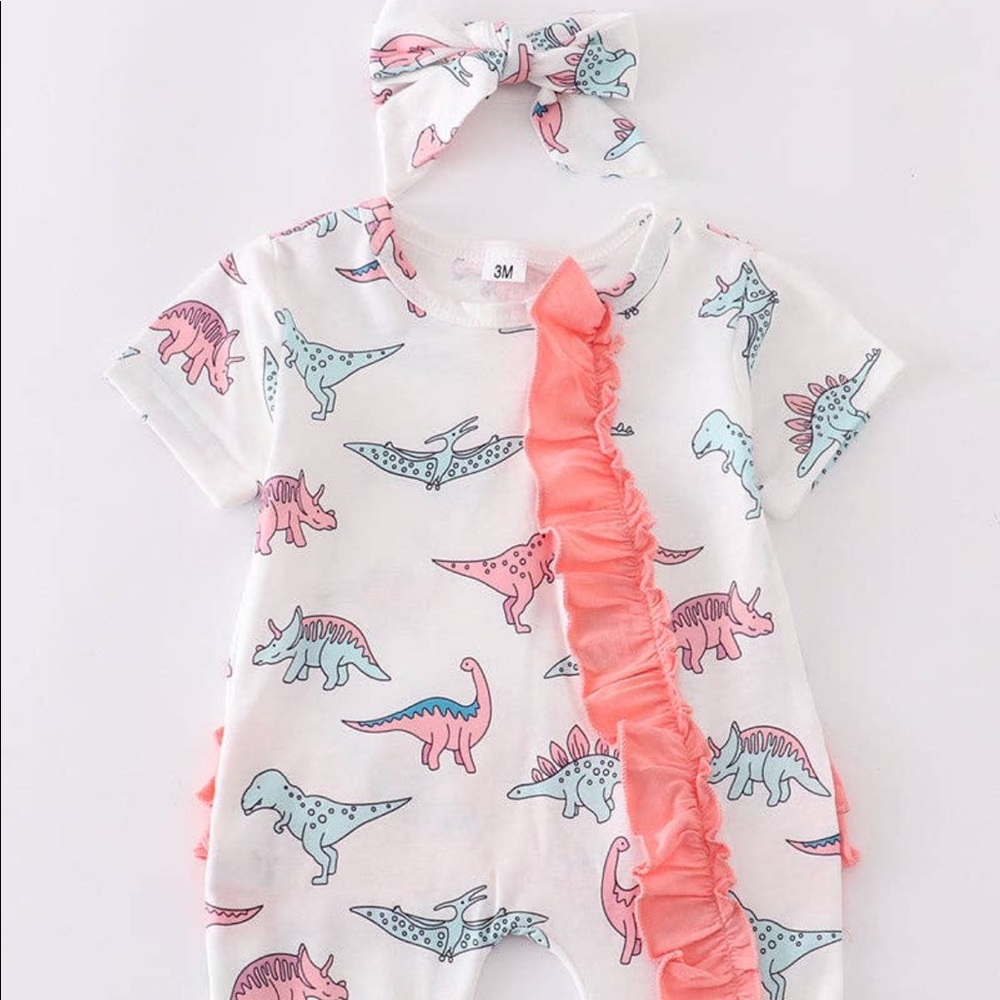Dinosaur ruffle romper, milk silk